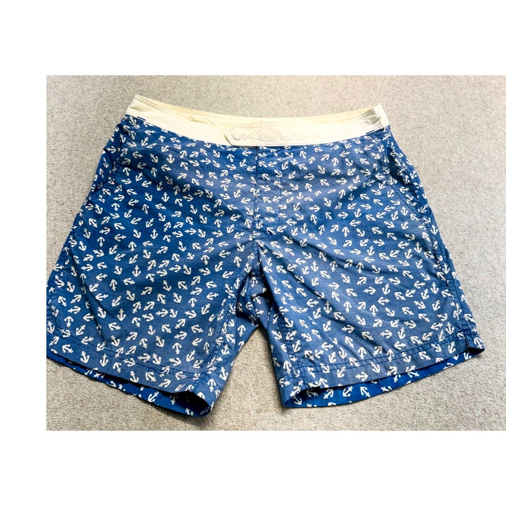 J Crew Original Swimwear Mens 32 Blue Anchor Print Swim Trunks Nautical Shorts